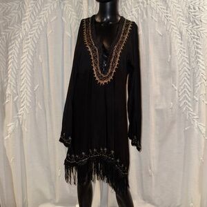 Black Embroidered Caftan Top with Fringe by Badia Design – Size L